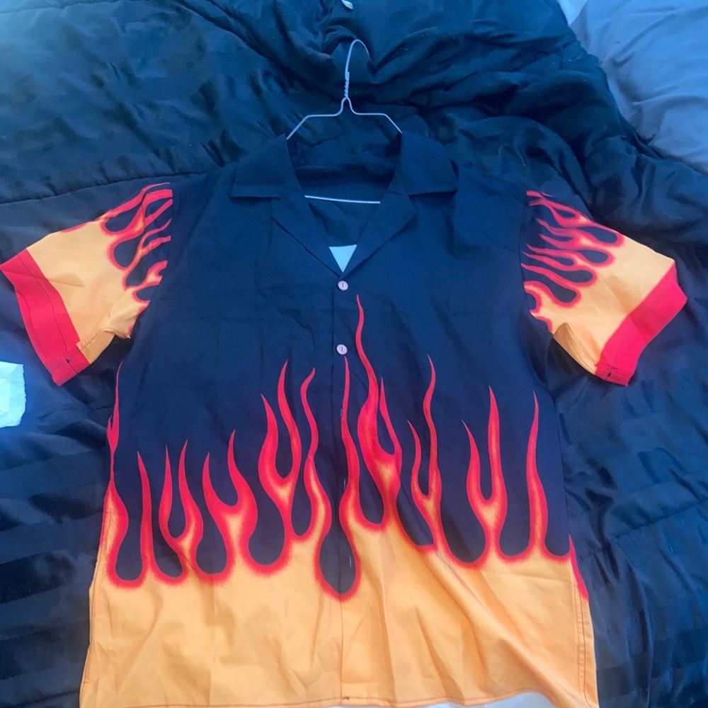 Black Fire Flame Button Up